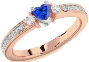Diamond Blue Sapphire White Rose Gold Heart Three Stone Engagement Ring