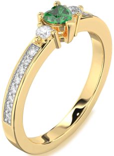 Diamond Emerald Gold Heart Three Stone Engagement Ring