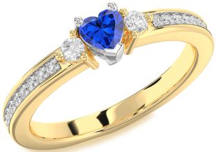 Diamond Blue Sapphire White Yellow Gold Heart Three Stone Engagement Ring