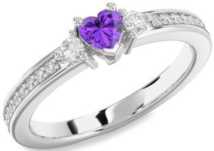 Diamond Amethyst Platinum Heart Three Stone Engagement Ring