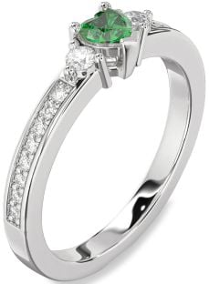 Diamond Emerald Platinum Heart Three Stone Engagement Ring