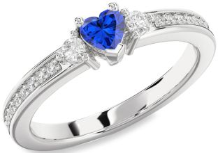 Diamond Blue Sapphire White Gold Heart Three Stone Engagement Ring