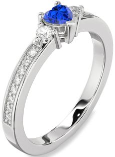 Diamond Blue Sapphire Platinum Heart Three Stone Engagement Ring