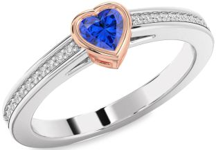 Diamond Blue Sapphire Rose Gold Silver Heart Pave Promise Ring
