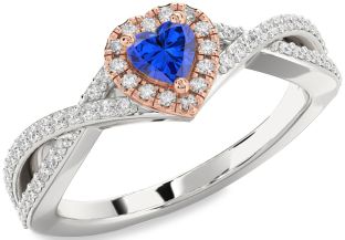 Diamond Blue Sapphire Rose Gold Silver Heart Pave Promise Ring