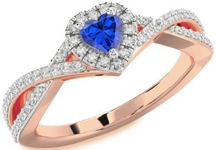Diamond Blue Sapphire Rose Gold Silver Heart Pave Promise Ring