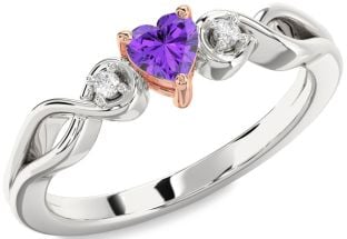 Diamond Amethyst Platinum & Rose Gold Heart Knot Three Stone Engagement Ring