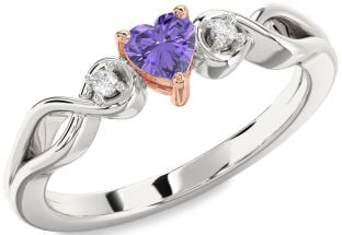 Diamond Amethyst Platinum & Rose Gold Heart Knot Three Stone Engagement Ring