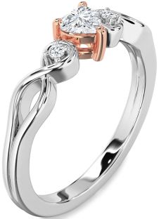 Diamond Silver & 10K Rose Gold Heart Knot Three Stone Engagement Ring