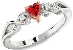 Diamond Ruby White Rose Gold Heart Knot Promise Ring