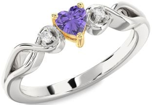 Diamond Amethyst Platinum & Yellow Gold Heart Knot Three Stone Engagement Ring