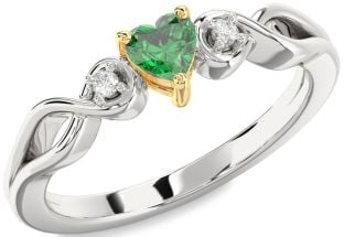 Diamond Emerald Silver & 10K gold Heart Knot Promise Ring