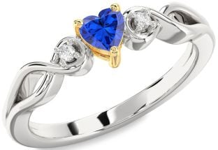 Diamond Blue Sapphire Silver & 10K gold Heart Knot Three Stone Engagement Ring