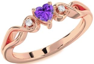 Diamond Amethyst Rose Gold Heart Knot Three Stone Engagement Ring