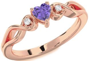 Diamond Amethyst Rose Gold Heart Knot Three Stone Engagement Ring
