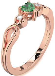 Diamond Emerald Rose Gold Heart Knot Three Stone Engagement Ring