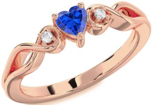 Diamond Blue Sapphire Rose Gold Heart Knot Three Stone Engagement Ring
