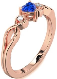 Diamond Blue Sapphire Rose Gold Silver Heart Knot Three Stone Engagement Ring