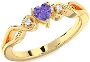Diamond Amethyst Gold Heart Knot Three Stone Engagement Ring