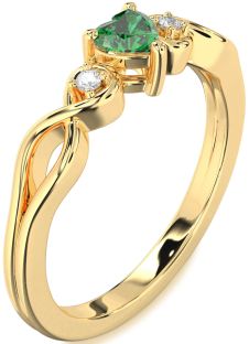 Diamond Emerald Gold Heart Knot Three Stone Engagement Ring
