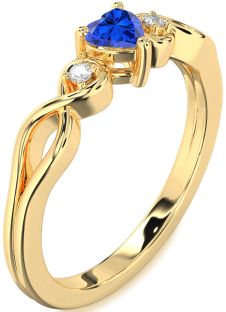 Diamond Blue Sapphire Gold Heart Knot Three Stone Engagement Ring
