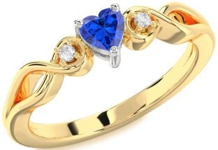 Diamond Blue Sapphire Platinum & Yellow Gold Heart Knot Three Stone Engagement Ring