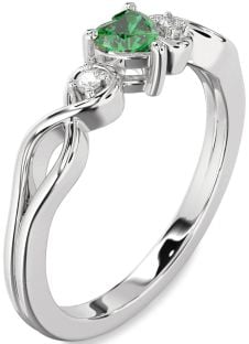 Diamond Emerald Platinum Heart Knot Three Stone Engagement Ring