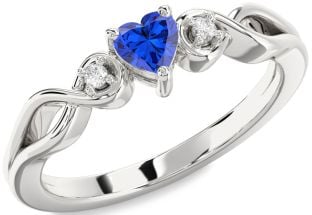 Diamond Blue Sapphire White Gold Heart Knot Three Stone Engagement Ring