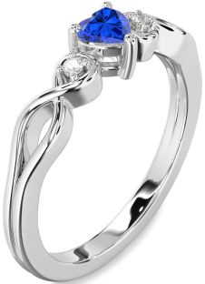 Diamond Blue Sapphire White Gold Heart Knot Three Stone Engagement Ring