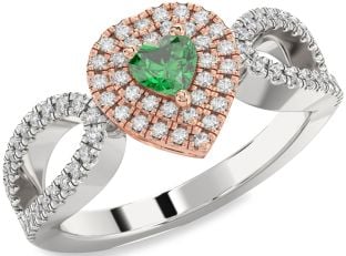 Diamond Emerald Platinum & Rose Gold Heart Promise Ring