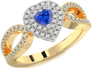 Diamond Blue Sapphire Gold Silver Heart Pave Promise Ring