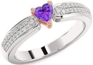 Diamond Amethyst Platinum & Rose Gold Heart Pave Promise Ring
