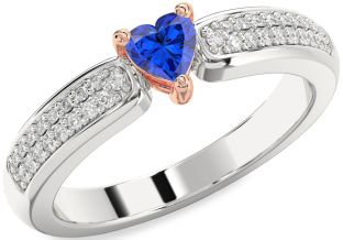 Diamond Blue Sapphire Rose Gold Silver Heart Pave Promise Ring