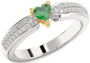 Diamond Emerald Silver & 10K gold Heart Promise Ring