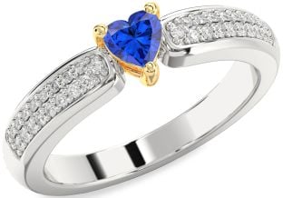 Diamond Blue Sapphire Gold Silver Heart Pave Promise Ring