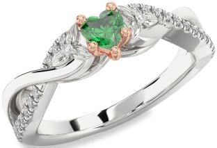 Diamond Emerald Platinum & Rose Gold Heart Knot Flower Ring