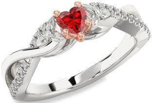 Diamond Ruby Platinum & Rose Gold Heart Knot Flower Ring