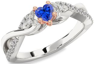 Diamond Blue Sapphire Platinum & Rose Gold Heart Knot Flower Ring
