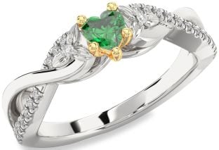 Diamond Emerald Platinum & Yellow Gold Heart Knot Flower Ring