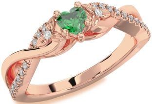 Diamond Emerald Rose Gold Heart Knot Flower Ring