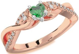 Diamond Emerald Platinum & Rose Gold Heart Knot Flower Ring