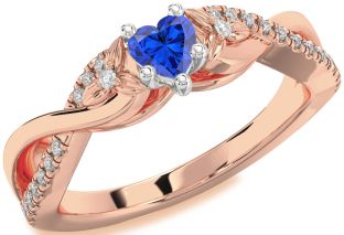Diamond Blue Sapphire Platinum & Rose Gold Heart Knot Flower Ring