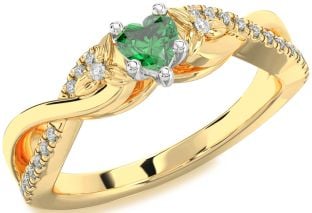 Diamond Emerald Platinum & Yellow Gold Heart Knot Flower Ring