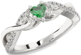 Diamond Emerald White Gold Heart Knot Flower Ring