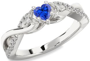 Diamond Blue Sapphire Platinum Heart Knot Flower Ring