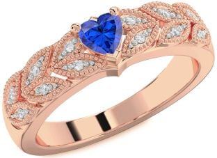 Diamond Blue Sapphire Rose Gold Silver Heart Promise Ring