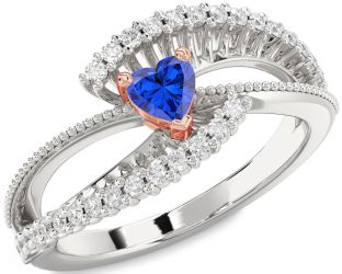 Diamond Blue Sapphire Silver & 10K Rose Gold Heart Promise Ring