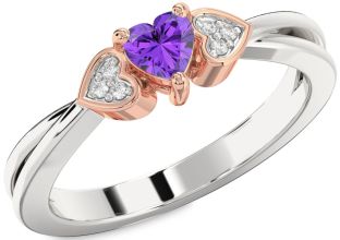 Diamond Amethyst Platinum & Rose Gold Heart Promise Ring