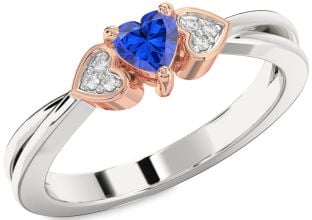 Diamond Blue Sapphire Silver & 10K Rose Gold Heart Promise Ring
