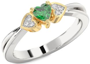 Diamond Emerald Silver & 10K gold Heart Promise Ring